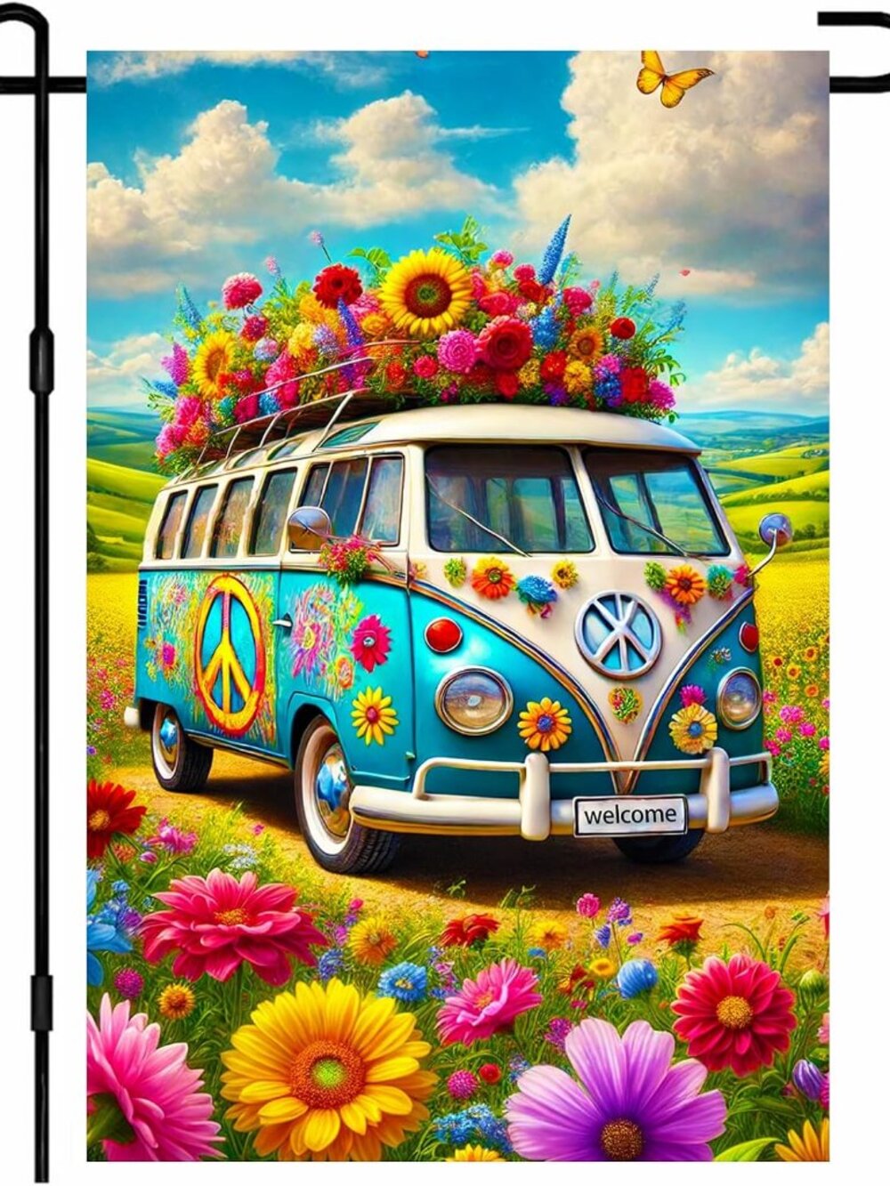 Welcome Garden Flag 12x18 Inch Retro Floral Van Yard Decor